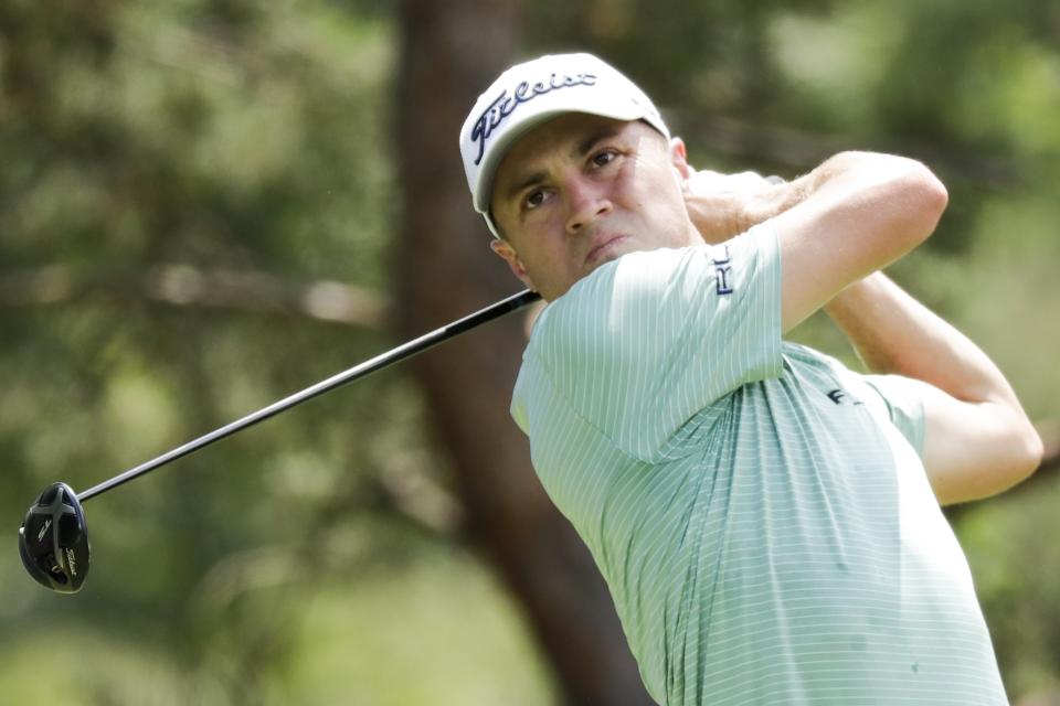 Justin Thomas hits a drive at the second hole during the second round of the Workday Charity Open golf tournament, Friday, July 10, 2020, in Dublin, Ohio. (AP Photo/Darron Cummings)