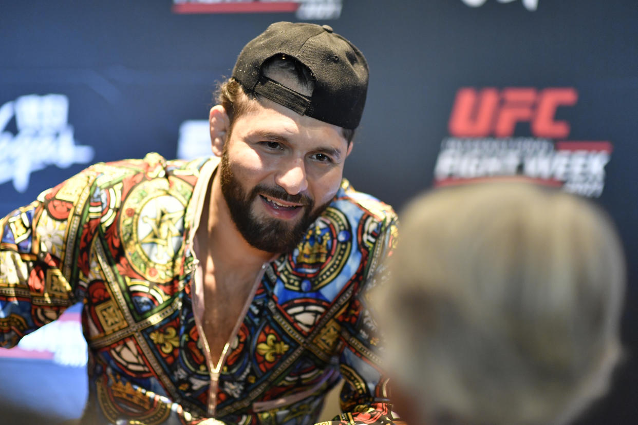 LAS VEGAS, NEVADA - SEPTEMBER 24:  Jorge Masvidal interacts with a fan during the UFC Fan Experience at The Park & Toshiba Plaza on September 24, 2021 in Las Vegas, Nevada. (Photo by Chris Unger/Zuffa LLC)