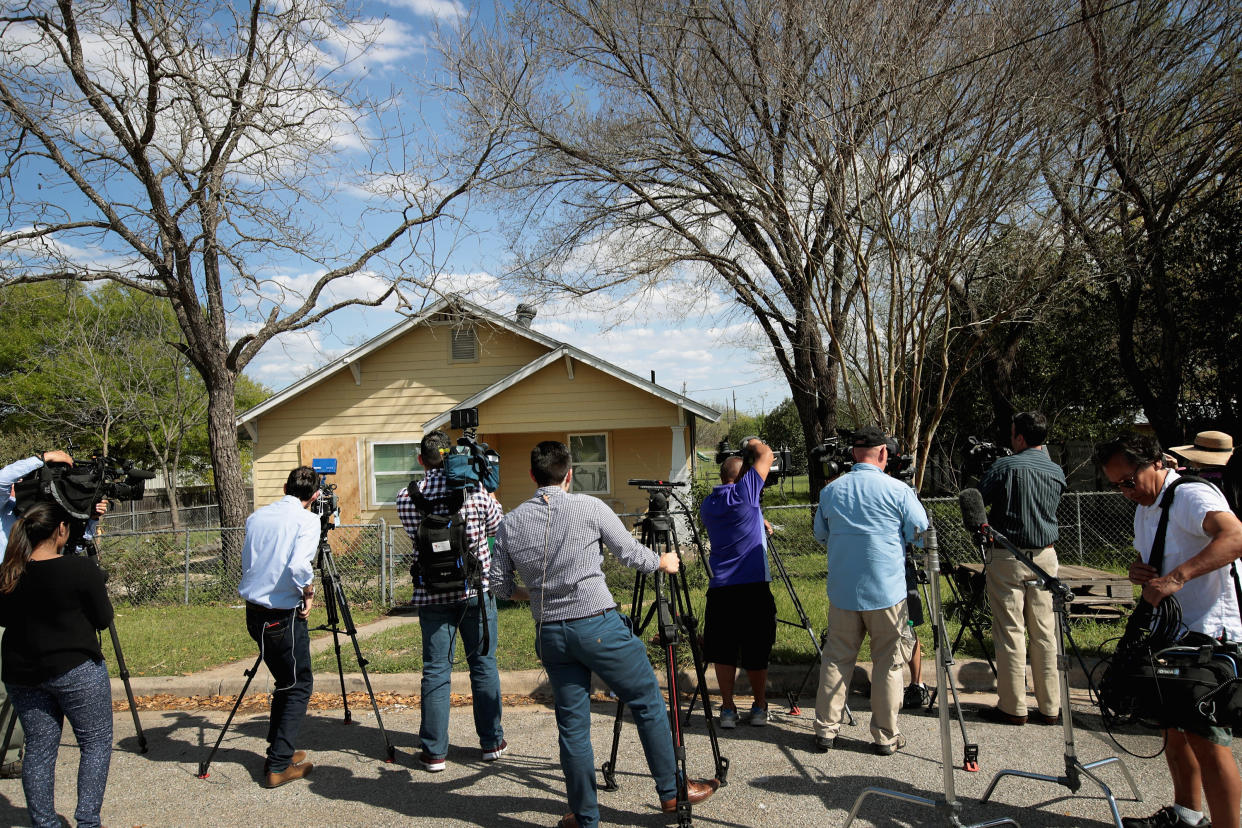 Television news crews set up outside the home of Mark Anthony Conditt following the police investigation at the property last week in Pflugerville, Texas. (Photo: Scott Olson via Getty Images)