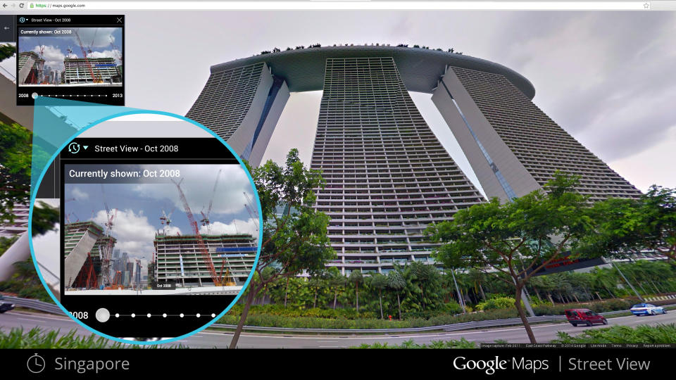 This illustration provided by Google highlights a new Google Maps Street View snapshots feature, which allow users to see what specific neighborhoods and landmarks looked like at different periods during the past seven years that Google Inc. has been dispatching camera-toting cars to take pictures for its maps. This image shows what a building in Singapore looked like in Oct. 2008, upper left, against a more recent photo. (AP Photo/Google)