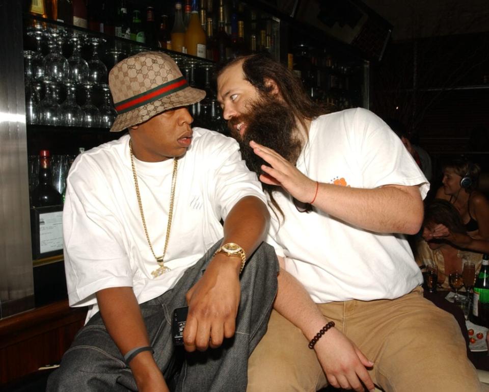 Jay-Z and Rick Rubin at a 2001 Def Jam reunion party at the B Bar in NYC. (Credit: Kevin Mazur/WireImage via Getty Images)
