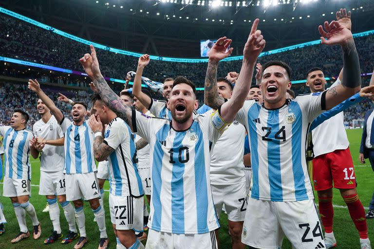 LUSAIL CITY, QATAR - DECEMBER 09: Lionel Messi of Argentina celebrates after winning the FIFA World Cup Qatar 2022 quarter final match between Netherlands and Argentina at Lusail Stadium on December 9, 2022 in Lusail City, Qatar. (Photo by Khalil Bashar/Jam Media/Getty Images