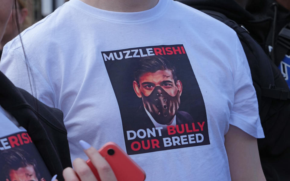 People take part in a protest in central London, against the Government's decision to add XL bully dogs to the list of prohibited breeds under the Dangerous Dogs Act following a spate of recent attacks. Picture date: Saturday September 23, 2023. (Photo by Jeff Moore/PA Images via Getty Images)