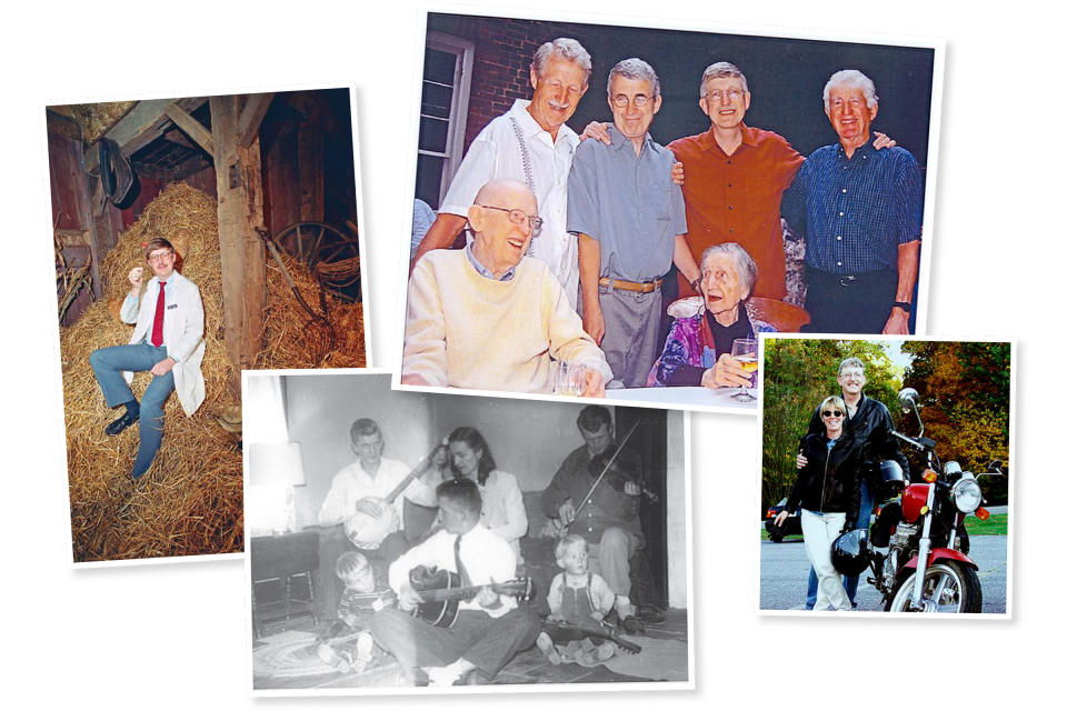 From left: Collins illustrating the challenge of gene hunting in 1989; with family in 1951 and 2003; with his second wife Diane Baker in 2004<span class="copyright">From left: Tom Treuter; Collins Family Collection (2); Eric Green</span>