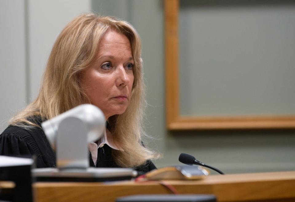 Judge Denise Andre listens during a hearing on motion for a gag order in the case of Camilo Hurtado Campos, at Williamson County Courthouse in Franklin , Tenn., Tuesday, July 18, 2023.