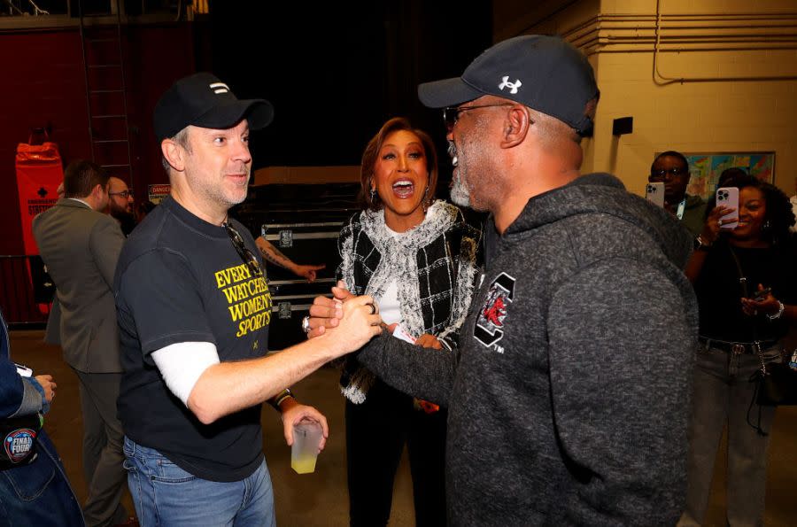CLEVELAND, OHIO – APRIL 07: Jason Sudeikis, Robin Roberts and Darius Rucker attend the 2024 NCAA Women’s Basketball Tournament National Championship between the Iowa Hawkeyes and South Carolina Gamecocks at Rocket Mortgage FieldHouse on April 07, 2024 in Cleveland, Ohio. (Photo by Mike Lawrie/Getty Images)