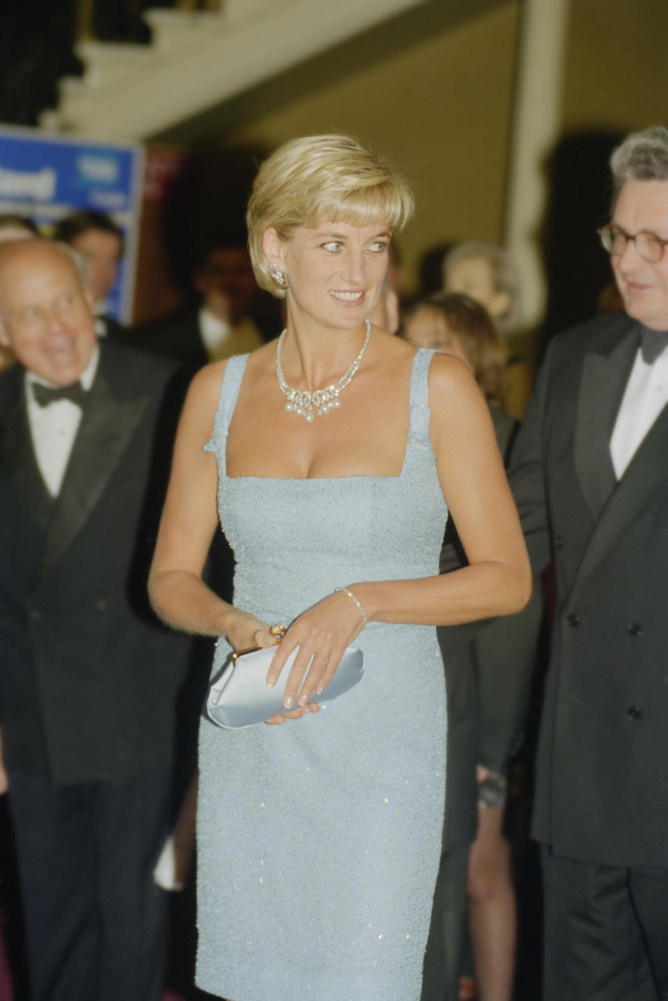 Princess Diana (1961 - 1997) at the Royal Albert Hall after an English National Ballet production of 'Swan Lake', London, 3rd June 1997. The Princess is wearing a dress by designer Jacques Azagury. (Photo by David M Benett/Getty Images)