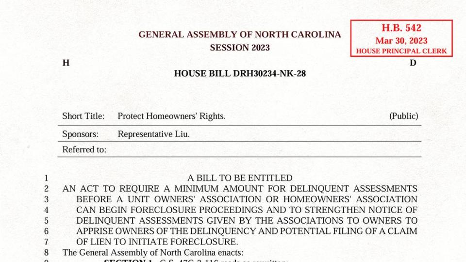 As originally drafted, this N.C. House bill would have prevented HOAs from foreclosing on homeowners for debts of less than $2,500. But that provision was dropped from the bill after lobbying by the state’s HOAs.