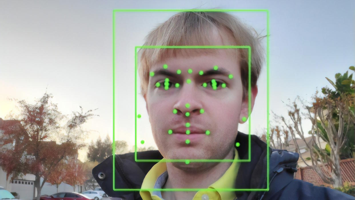  Output of an Artificial Intelligence system from Google Vision, performing Facial Recognition on a photograph of a man, with facial features identified and facial bounding boxes present, San Ramon, California, November 22, 2019. (Photo by Smith Collection/Gado/Getty Images) 