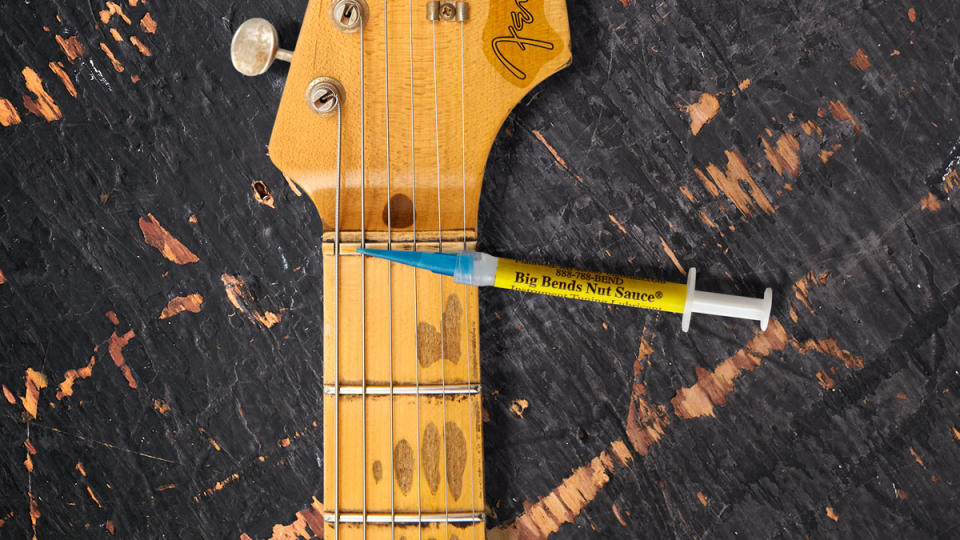 Closeup of Big Bends Nut Sauce on a Fender Stratocaster nut