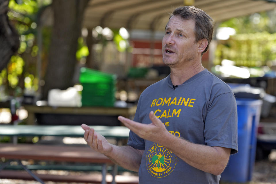 Dan Durica gestures during an interview at the Sweetwater Community Farm Wednesday, Dec. 6, 2023, in Tampa, Fla. (AP Photo/Chris O'Meara)