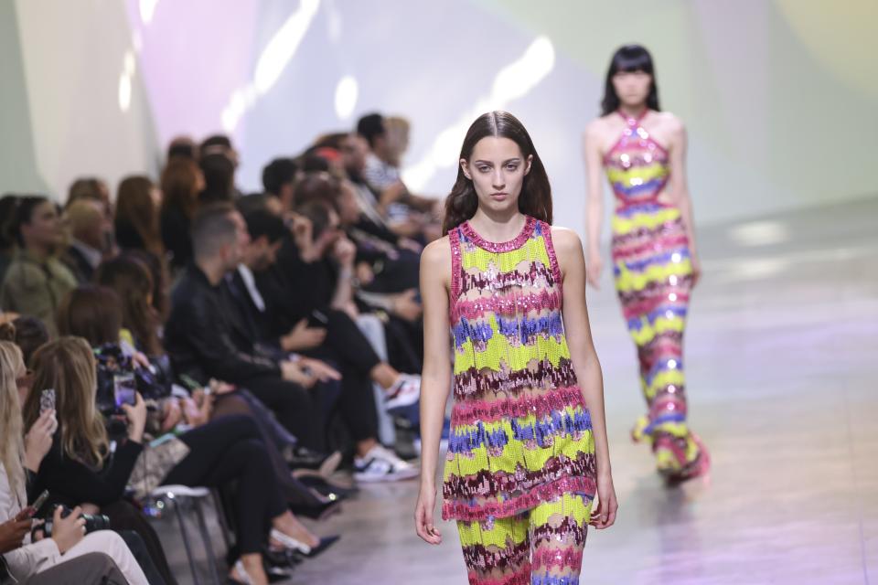 A model wears a creation for the Elie Saab ready-to-wear Spring/Summer 2023 fashion collection presented Saturday, Oct. 1, 2022 in Paris. (Photo by Vianney Le Caer/Invision/AP)