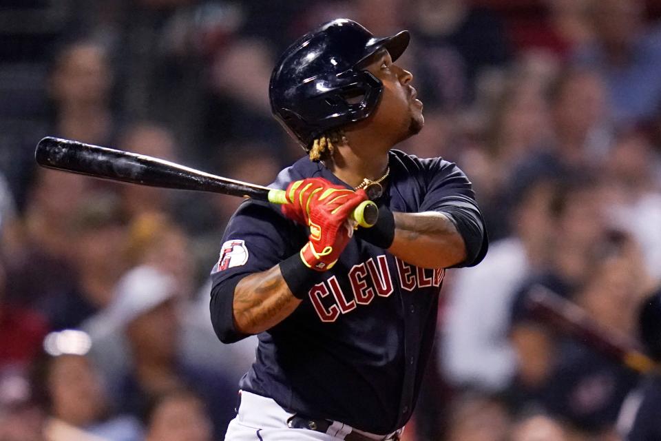 Guardians third baseman Jose Ramirez watches his RBI-single in the fifth inning of Monday's 3-1 loss to the Boston Red Sox. [Charles Krupa/Associated Press]