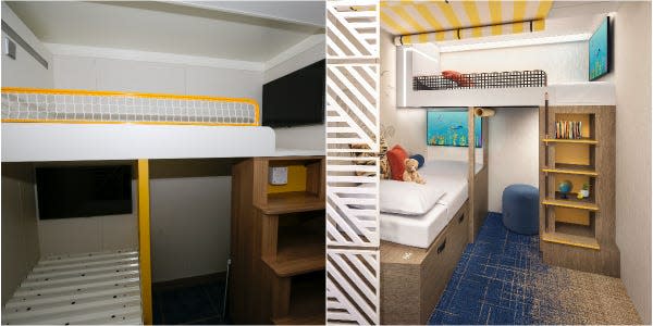 A collage of the rendering of the family infinite ocean view balcony stateroom with the incomplete under construction version in real life.