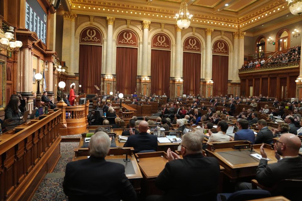 Gov. Kim Reynolds gives the annual Condition of the State address at the Iowa State Capitol, Tuesday, Jan. 9, 2024.