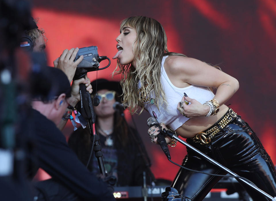 Miley Cyrus performing on the fifth day of the Glastonbury Festival at Worthy Farm in Somerset.