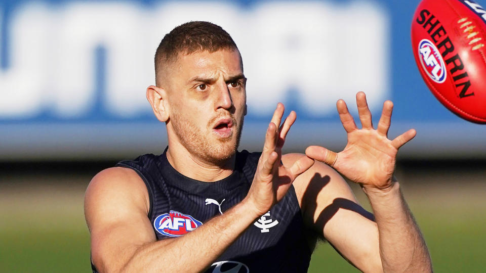 Seen here, Liam Jones takes part in Carlton's AFL training.