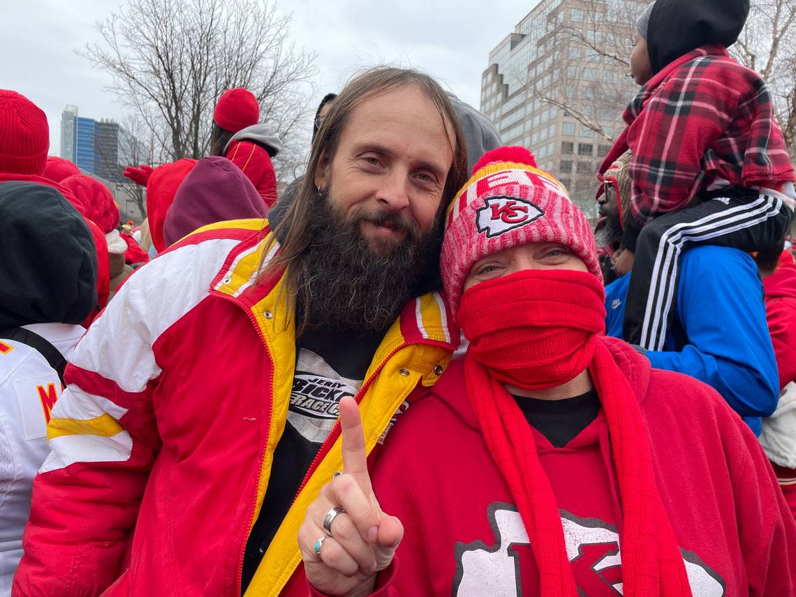 Stephanie Peterson (with friend Mike Lynch) flew to Kansas City from her home in Salt Lake City to celebrate the Chiefs.