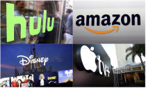 This combination photo shows, clockwise from top left, the Hulu logo on a window at the Milk Studios space in New York, the Amazon logo in Santa Monica, Calif., the Apple TV+ logo displayed outside the Regency Village Theatre in Los Angeles before the premiere of the the Apple TV+ series "See," and a screen grab of the Disney Plus streaming service on a computer screen. (AP Photo)