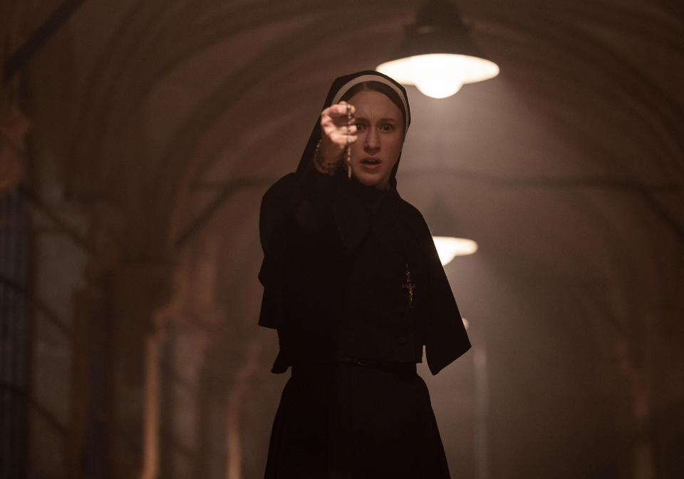 FILE - This image provided by Warner Bros. Pictures shows Taissa Farmiga as Sister Irene in New Line Cinema's horror thriller "The Nun II." (Bruno Calvo/Warner Bros. Pictures via AP, File)