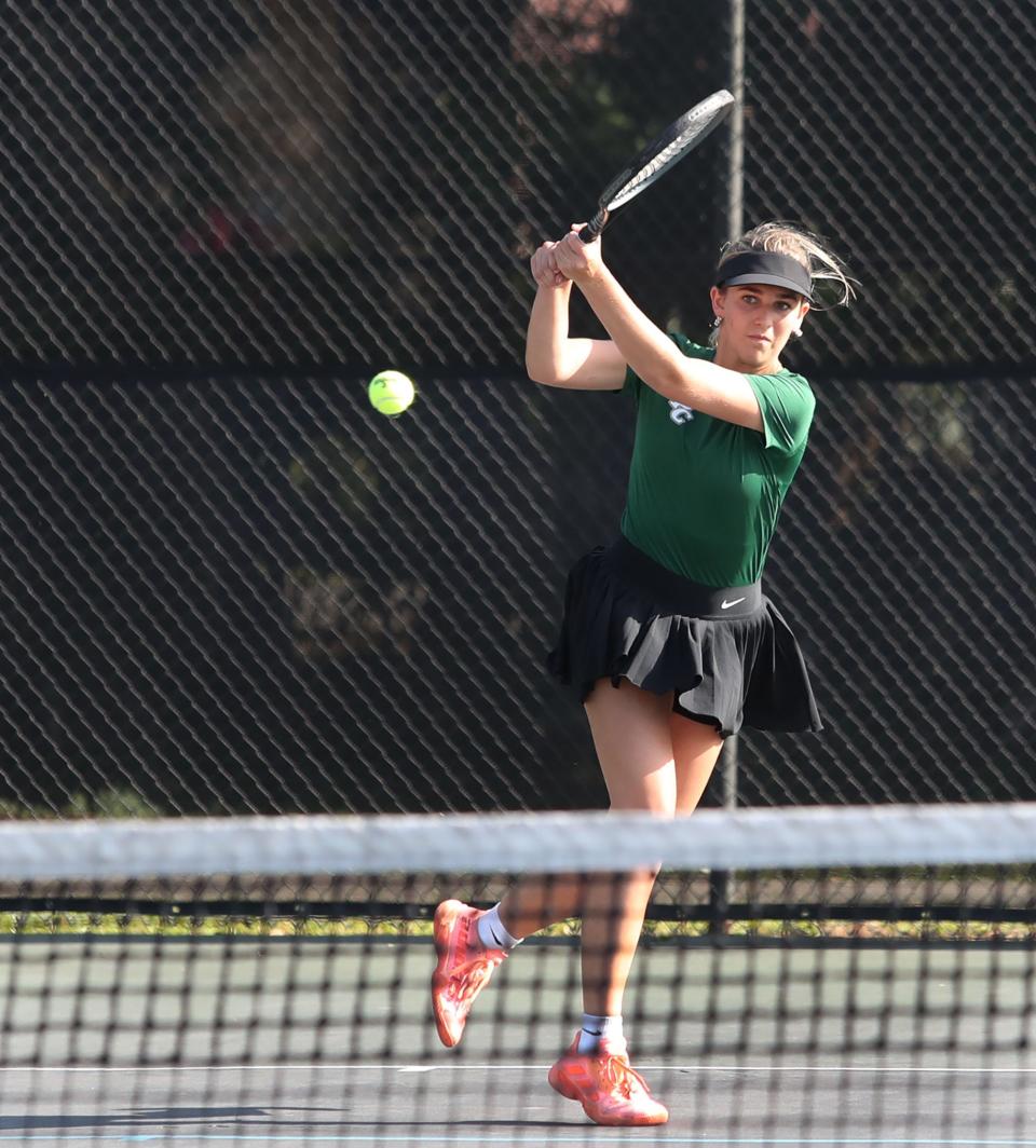 Flagler Palm Coast's Marina Carlisi returns a shot against Seabreeze, Wednesday, April 10, 2024, at the Nova Community Park in Ormond Beach.