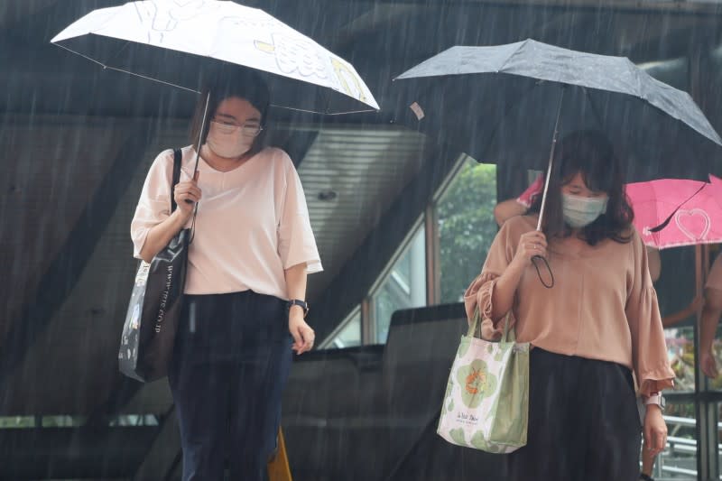 <cite>受颱風影響，街道上民眾撑傘擋雨勢。（柯承惠攝）</cite>
