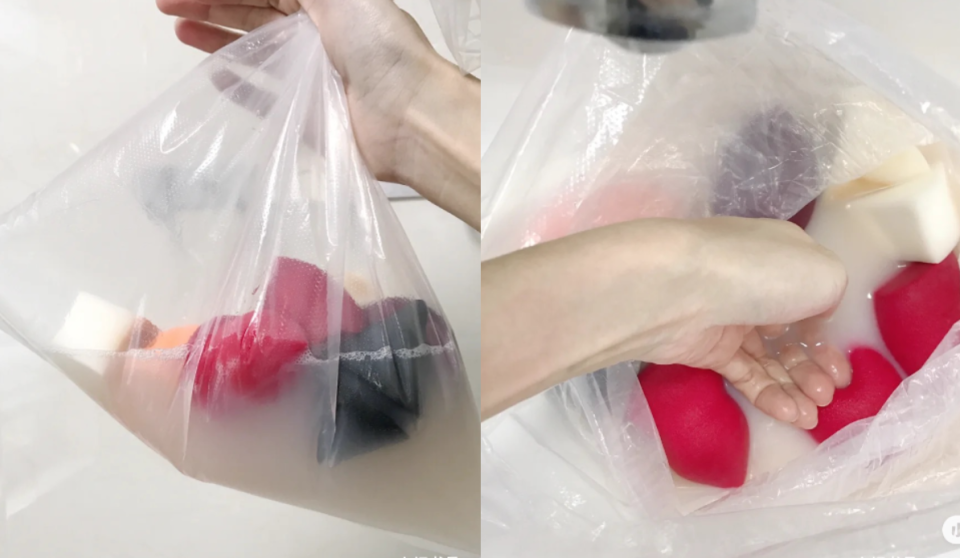 這邊一定要記得用「按壓」的手法，不要把粉撲或者美妝蛋折起來搓揉會容易使粉撲表面受損，而且隔著塑膠袋去搓揉粉撲會比直接用手更溫和，不容易使粉撲壞掉。