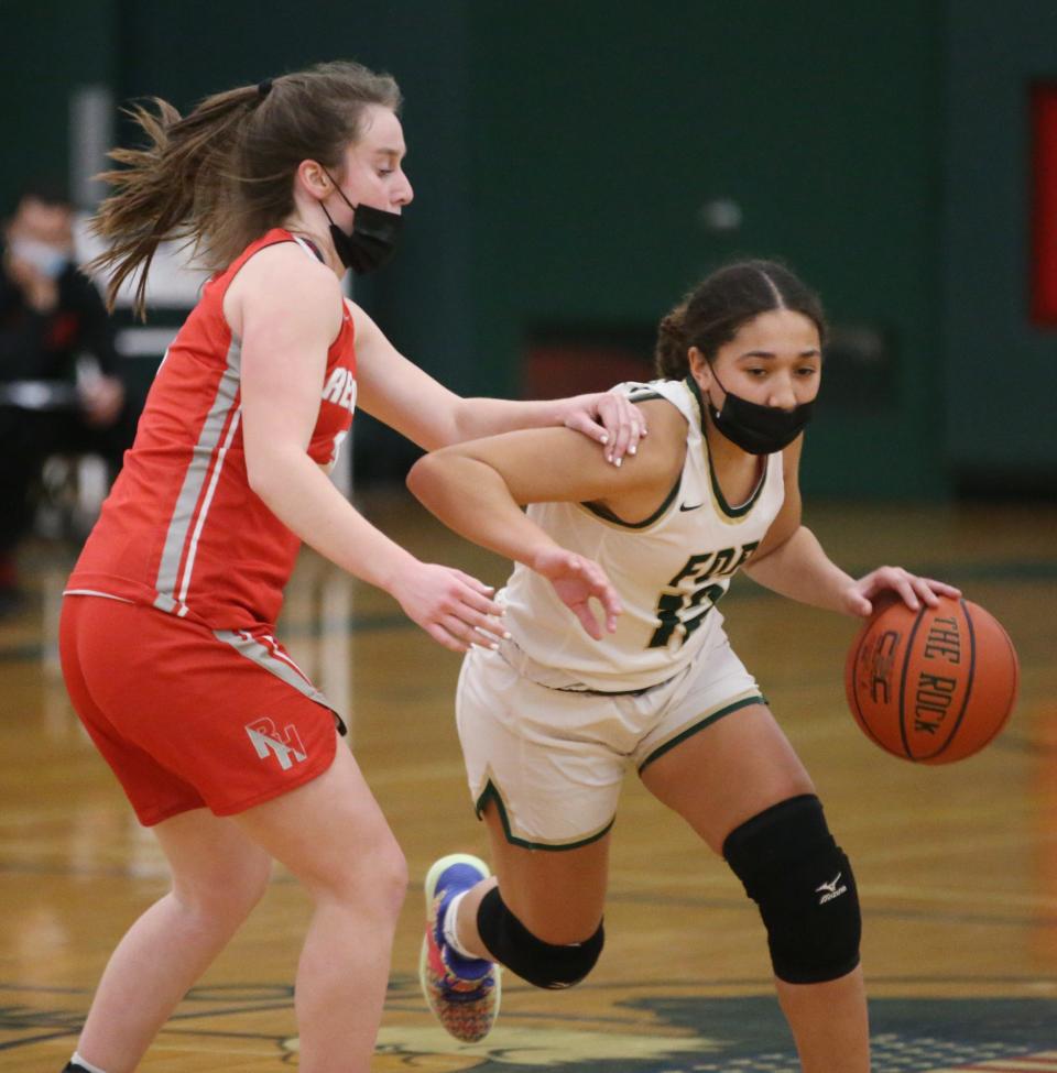 Roosevelt's Yadi Smith drives up court against Red Hook during a Jan. 26 2022 girls basketball game.