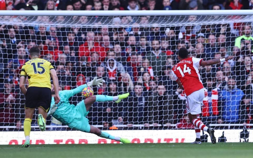 Watford's Ben Foster saves a first half penalty kick from Arsenal's Pierre-Emerick Aubameyang - Reuters