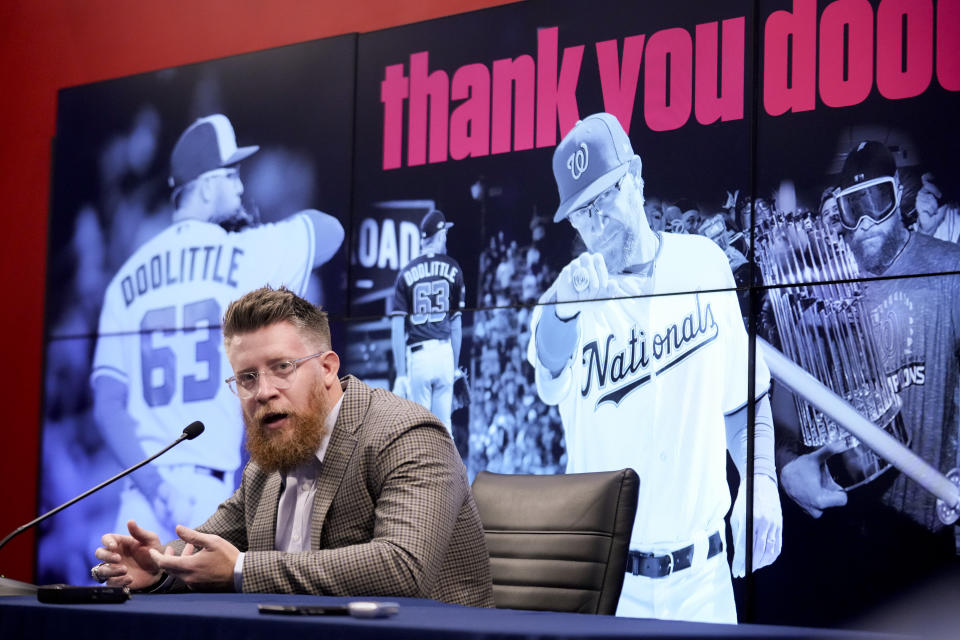 Washington Nationals relief pitcher Sean Doolittle speaks at a news conference after announcing his retirement at Nationals Park, Friday, Sept. 22, 2023, in Washington. Doolittle has decided to retire from baseball after more than a decade pitching in the majors that included helping the Nationals win the World Series in 2019. (AP Photo/Andrew Harnik)