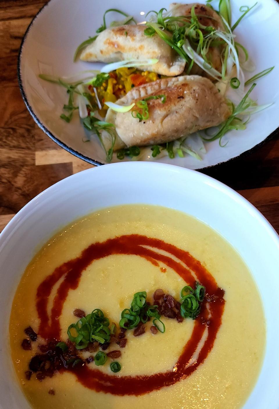 Honeybird is about more than fried chicken. The appetizers, pierogis (top) and roasted corn chowder (bottom) are stellar, too.