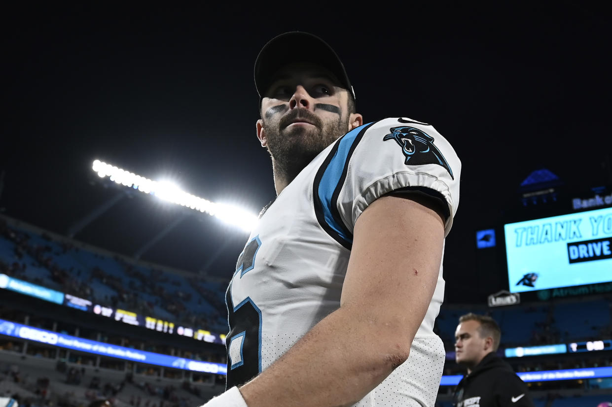 CHARLOTTE, NORTH CAROLINA - OCTOBER 09: Baker Mayfield #6 of the Carolina Panthers walks off the field after a lose to the San Francisco 49ers at Bank of America Stadium on October 09, 2022 in Charlotte, North Carolina. (Photo by Eakin Howard/Getty Images)