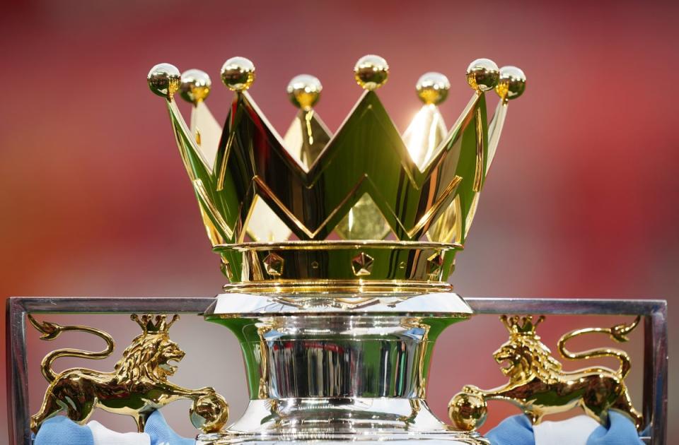 A view of the the Premier League Trophy in Manchester City colours (Mike Egerton/PA) (PA Wire)