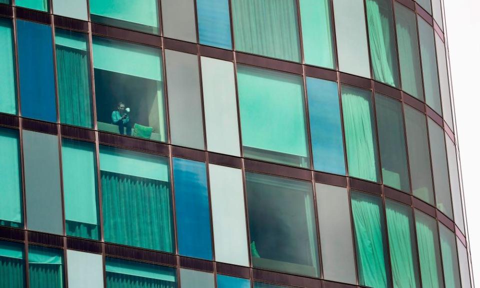 A quarantined traveller at a hotel in Australia.