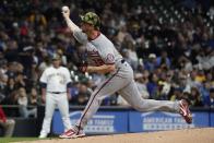 Washington Nationals starting pitcher Erick Fedde throws during the first inning of a baseball game against the Milwaukee Brewers Friday, May 20, 2022, in Milwaukee. (AP Photo/Morry Gash)