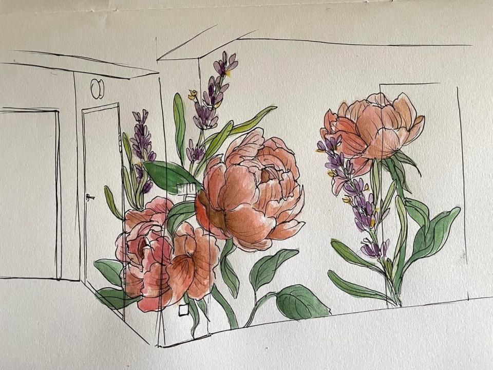A sketch of peonies and lavender on paper.