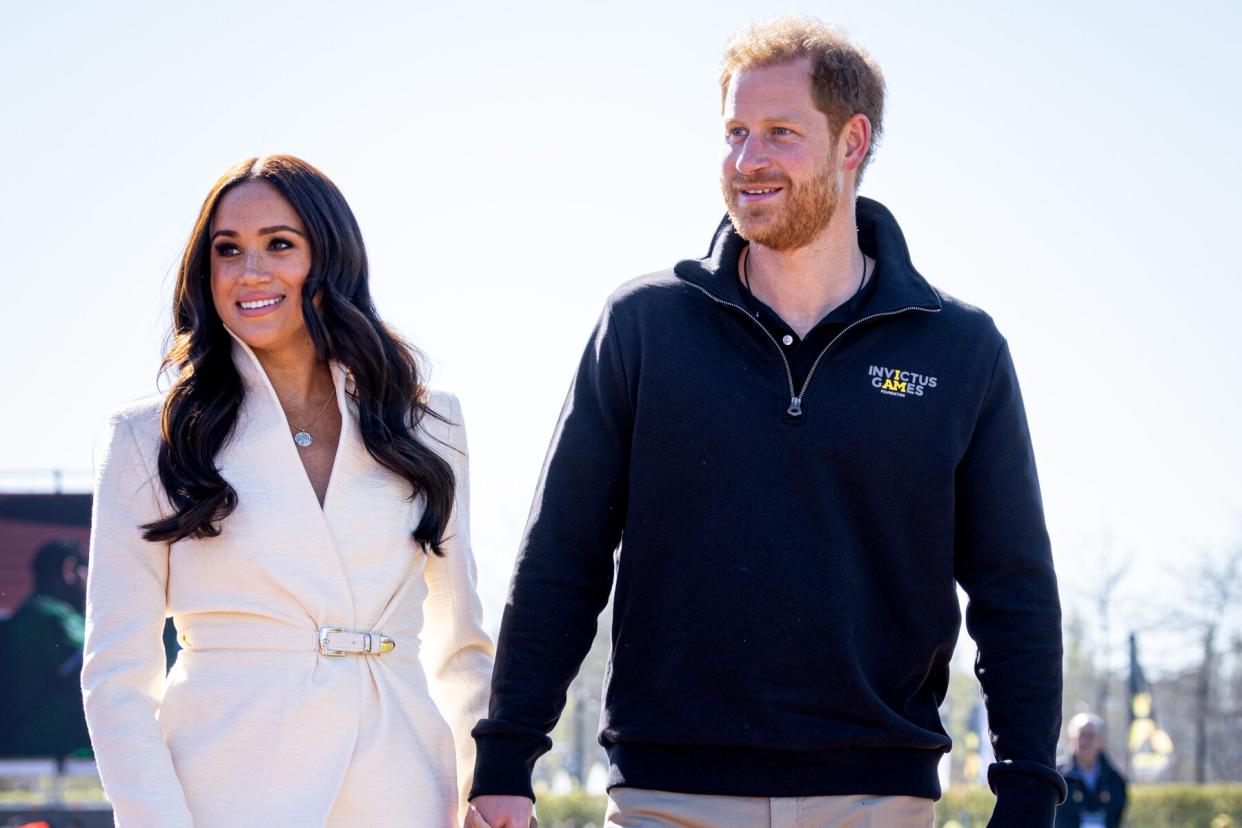 Meghan, Duchess of Sussex and Prince Harry, Duke of Sussex attend day two of the Invictus Games 2020 at Zuiderpark on April 17, 2022 in The Hague, Netherlands.