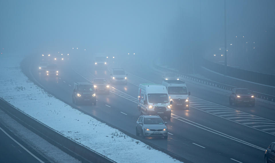 Commuters drive in freezing fog on the M50 motorway in Dublin during the current cold spell across Ireland. Picture date: Monday December 12, 2022. (Photo by Damien Storan/PA Images via Getty Images)
