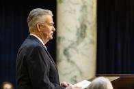 FILE - Idaho Gov. Brad Little delivers his State of the State address inside the House Chambers at the state Capitol building, on Jan. 10, 2022, in Boise, Idaho. Little says he won't participate in debates heading into next month's Republican primary. Little's campaign in a news release Friday, April 15, 2022, says the governor's accomplishments in his first term "are non-debatable." (AP Photo/Otto Kitsinger, File)