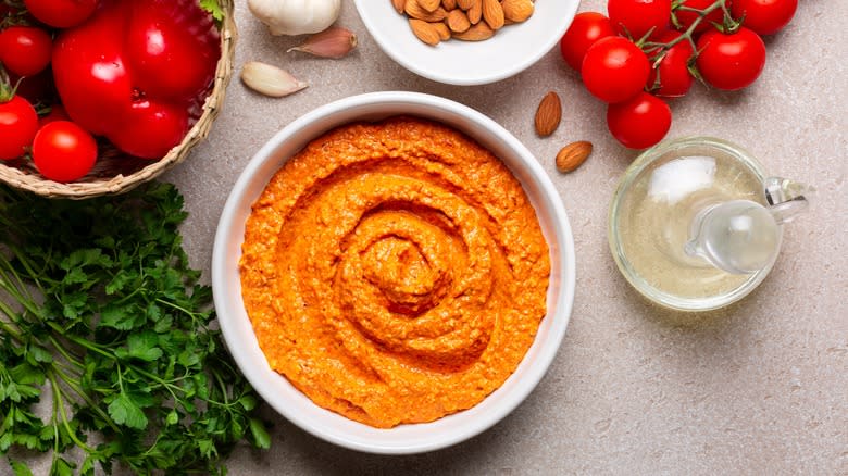 orange Romesco sauce in bowl