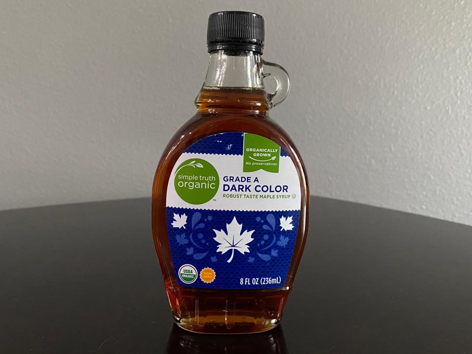 bottle of simple truth organic maple syrup on a kitchen table