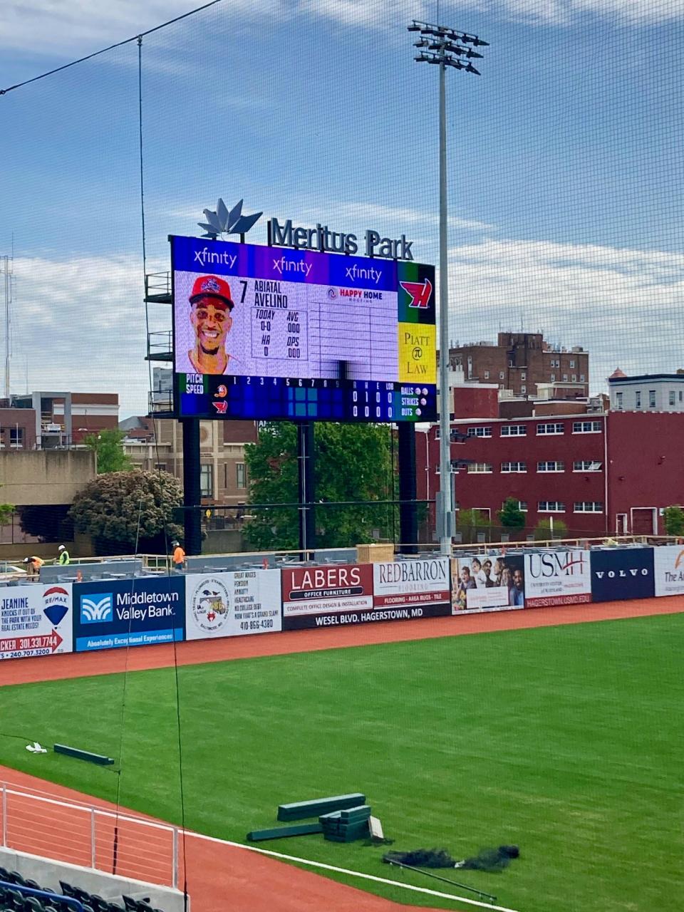 View of the scoreboard at Meritus Park, preparing for Opening Day.