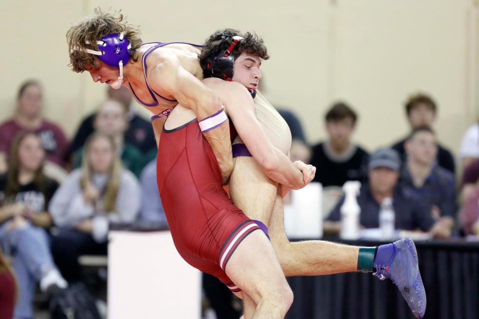 Tuttle's Ethan Teague wrestles Bristow's Haydan Yocham, left, in the Class 4A 175-pound match during the high school state wrestling tournament championships at State Fair Arena in Oklahoma City, Saturday, Feb. 24, 2024.