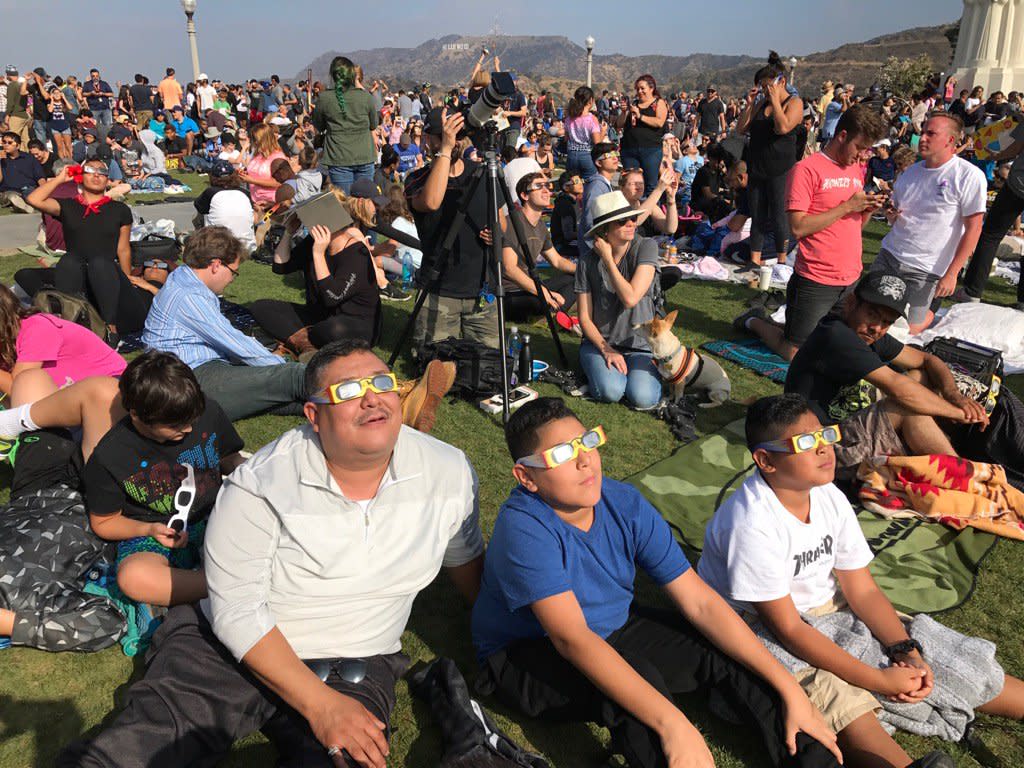 LOS ANGELES , CA - JULY 12: Solar eclipse fans watch the moon partially obscure the sun Monday, Aug. 21, 2017, at Griffith Observatory in Los Angeles. (Photo by David Crane/Los Angeles Daily News)