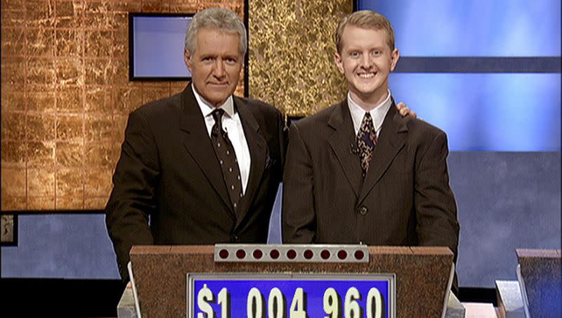 Late “Jeopardy!” host Alex Trebek is pictured with Ken Jennings.