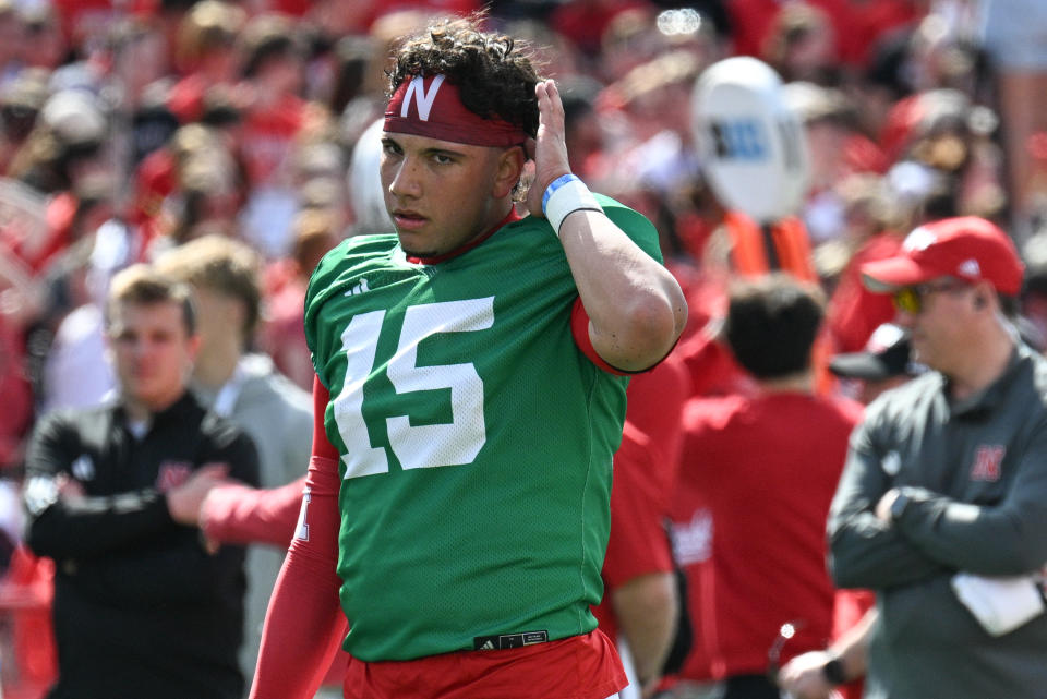 LINCOLN, NEBRASKA - APRIL 27: Dylan Raiola #15 of the Nebraska Cornhuskers warms up at the Nebraska Spring Football Game at Memorial Stadium on April 27, 2024 in Lincoln, Nebraska. (Photo by Steven Branscombe/Getty Images)