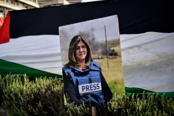 PHOTO: In this May 16, 2022, file photo, a portrait of slain Al Jazeera reporter Shireen Abu Akleh is pictured during a demonstration in front of the Israeli embassy to support Palestinians, in Athens. (Louisa Gouliamaki/AFP via Getty Images, FILE)