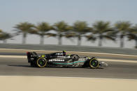Mercedes driver Lewis Hamilton of Britain steers his car during a Formula One pre season test at the Bahrain International Circuit in Sakhir, Bahrain, Saturday, Feb. 25, 2023.(AP Photo/Frank Augstein)