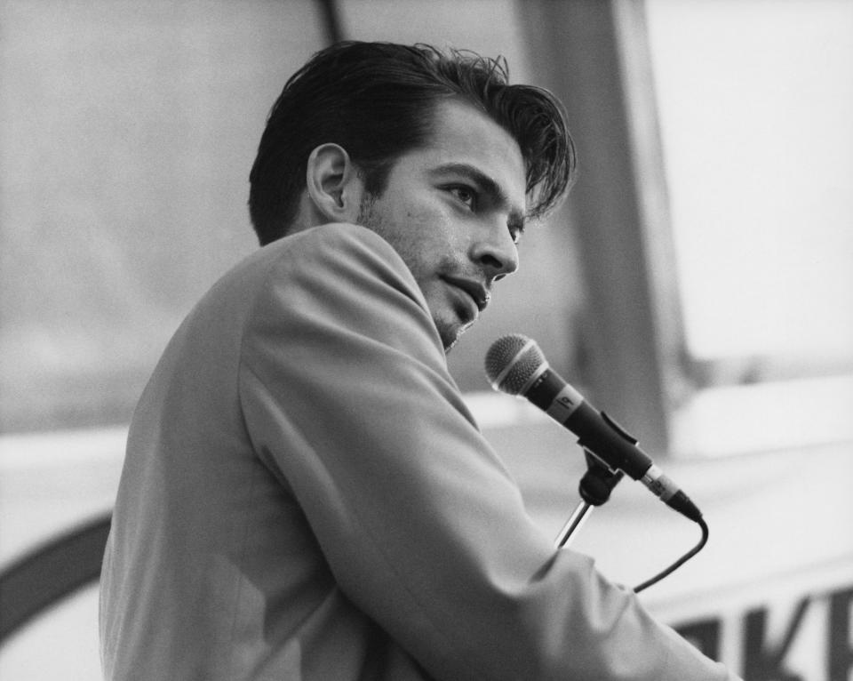 Harry Connick Jr. onstage during a live concert performance at the New Orleans Jazz and Heritage Festival in May 1990.