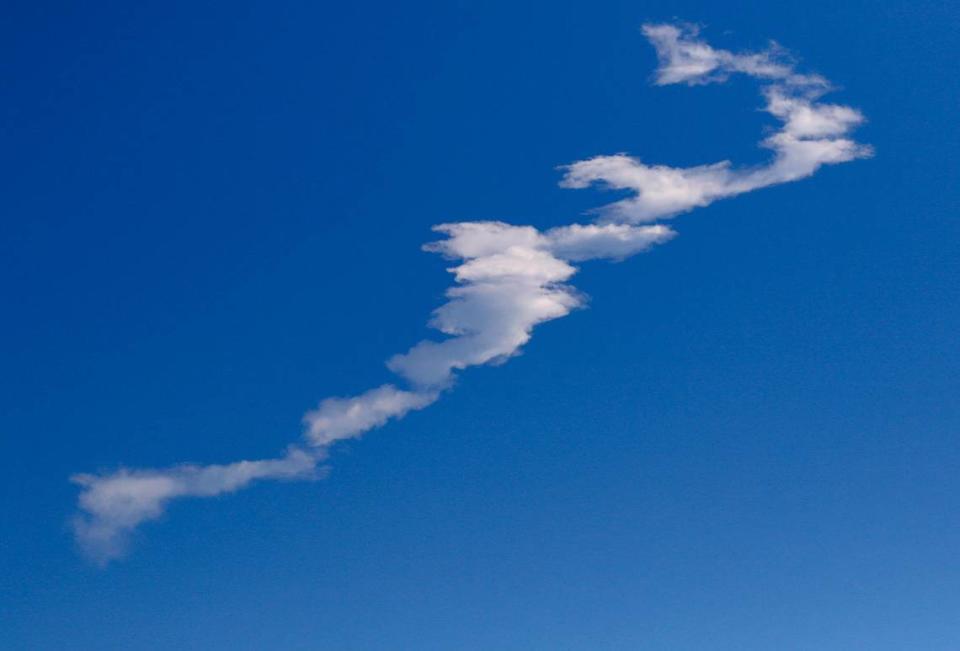 The smoke plume from the Delta IV Heavy rocket that launched from Vandenberg Space Force Base dissipates in the sky on Sept. 24, 2022.